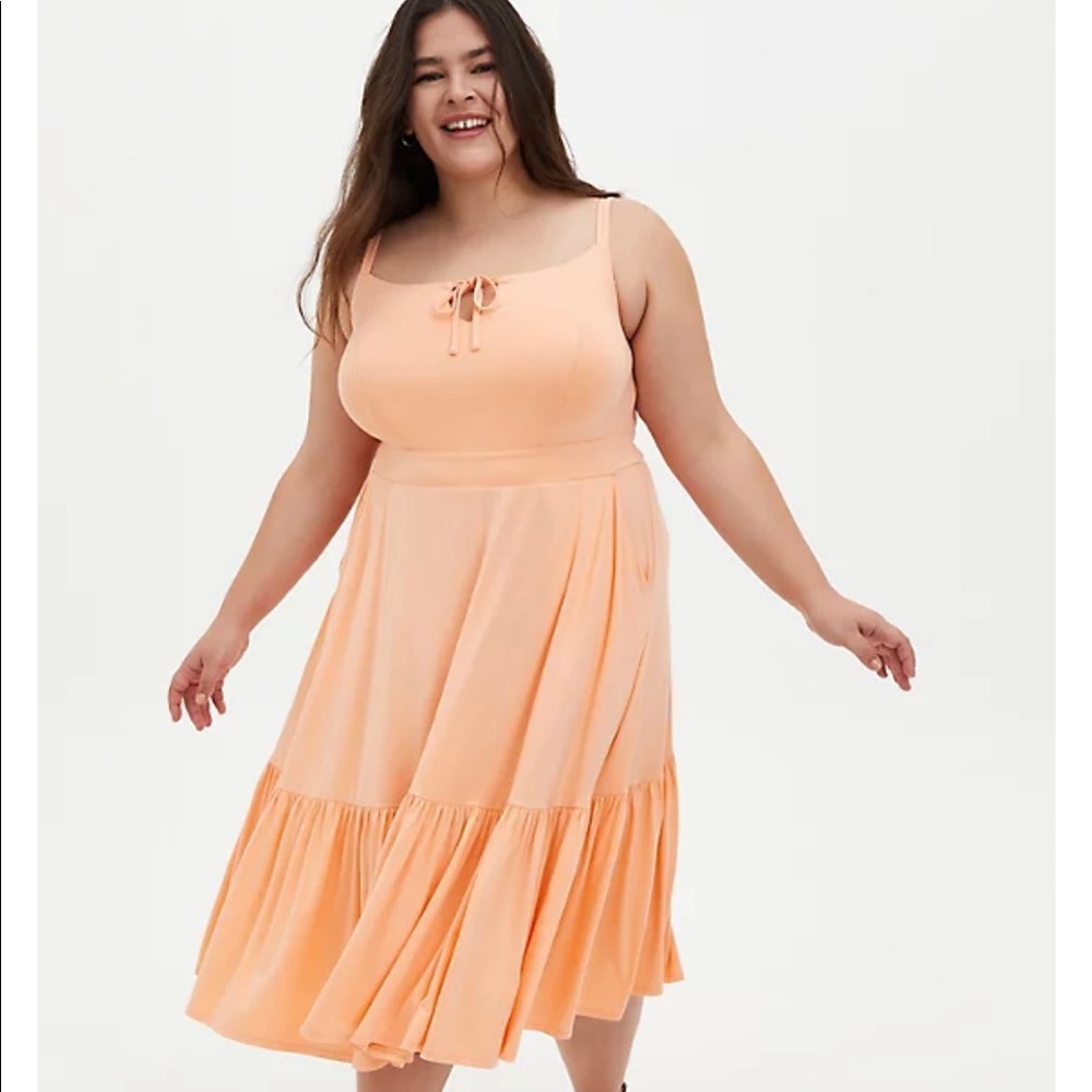 Peach Tie Front Tiered MIDI Dress